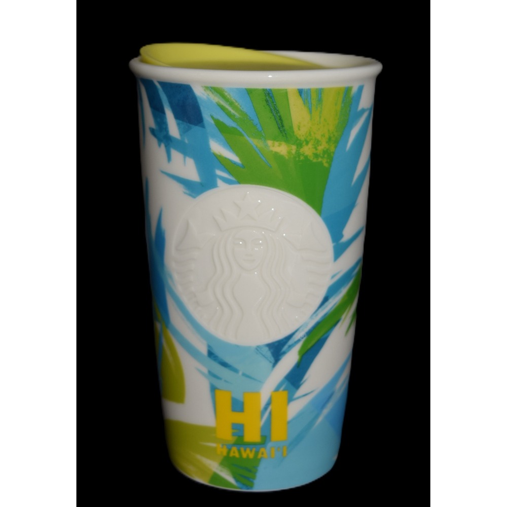 Starbucks Hawaii Ceramic Travel Tumbler 12oz White Blue Green New Palm Leaf 2016